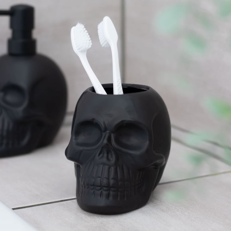 Black Skull Toothbrush Holder - Gothic Bathroom Organizer and Pen Holder
