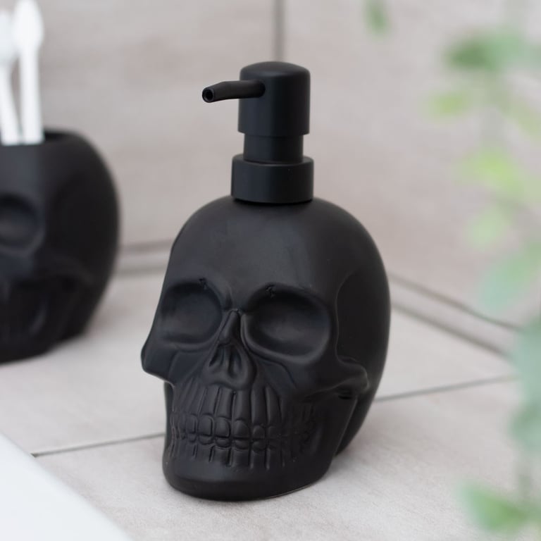 Black Matt Ceramic Skull Soap Dispenser with Hand Pump Refillable Design
