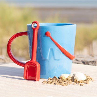 Ceramic Bucket Shaped Mug with Red Spade Spoon - Seaside Inspired Design