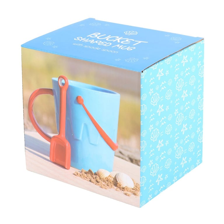 Ceramic Bucket Shaped Mug with Red Spade Spoon - Seaside Inspired Design