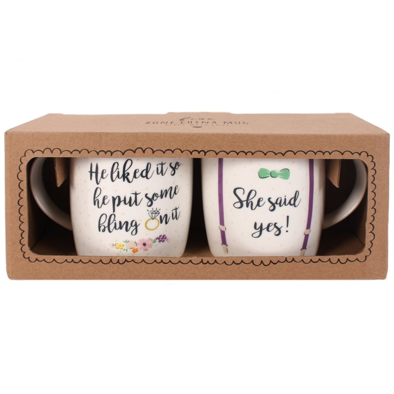 She Said Yes Engagement Gift Mugs - Bone China Set of 2