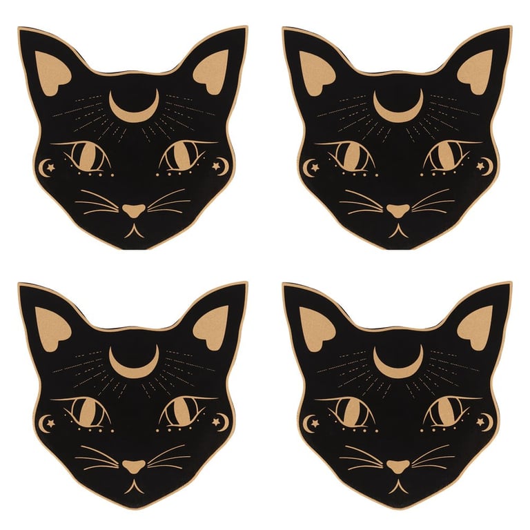 Mystic Cat Face Coaster Set with Crescent Moon Holder - 4 Piece Home Decor Accessory