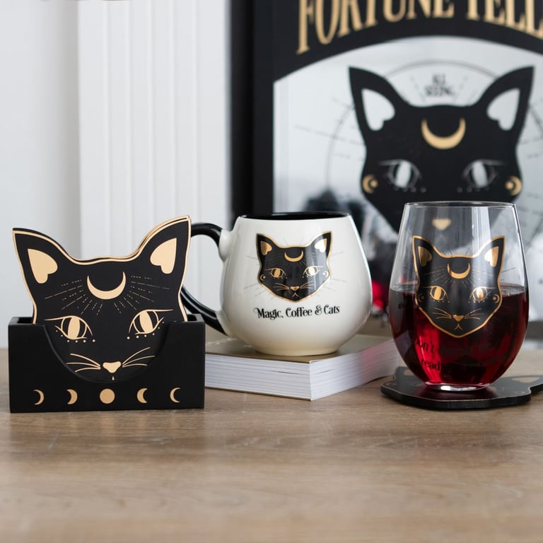 Mystic Cat Face Coaster Set with Crescent Moon Holder - 4 Piece Home Decor Accessory