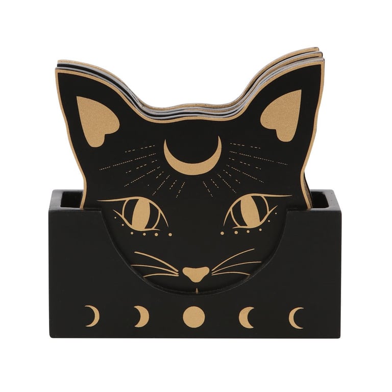 Mystic Cat Face Coaster Set with Crescent Moon Holder - 4 Piece Home Decor Accessory