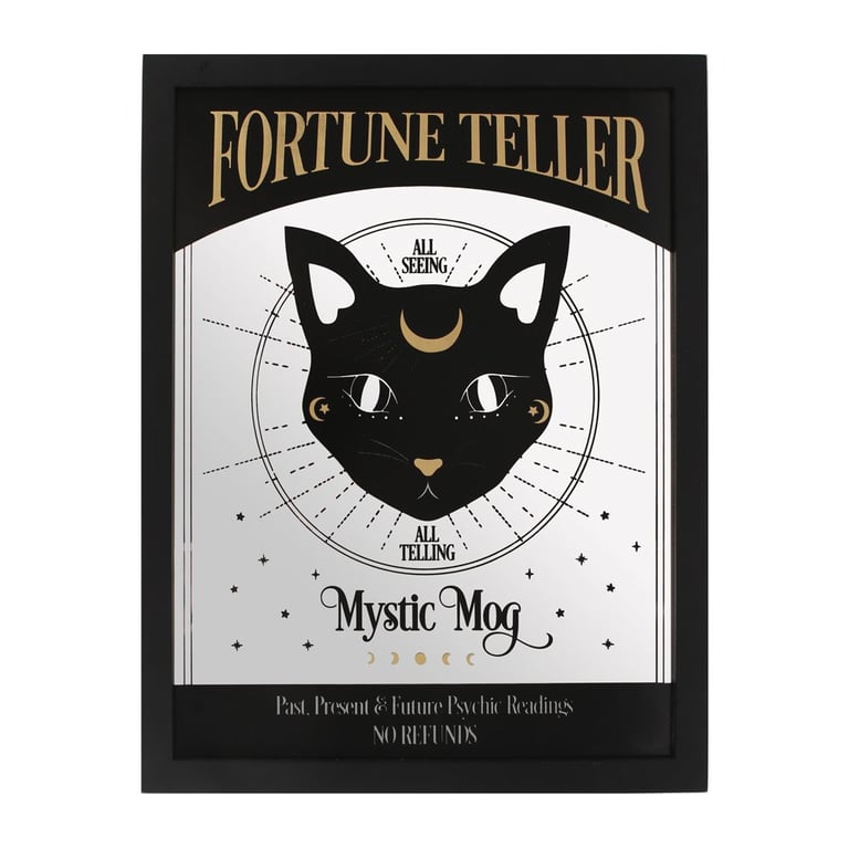 Mystic Mog Mirrored Wall Hanging with Fortune Teller Design and Black Cat Motif