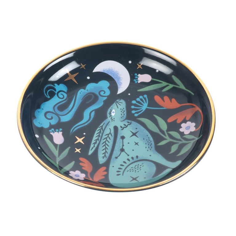 Mystical Midnight Hare Ceramic Trinket Dish with Moon Gazing Hare Design and Golden Details for Treasured Storage