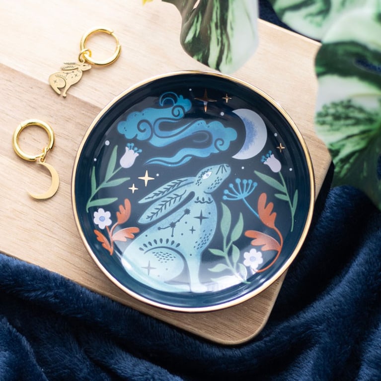 Mystical Midnight Hare Ceramic Trinket Dish with Moon Gazing Hare Design and Golden Details for Treasured Storage