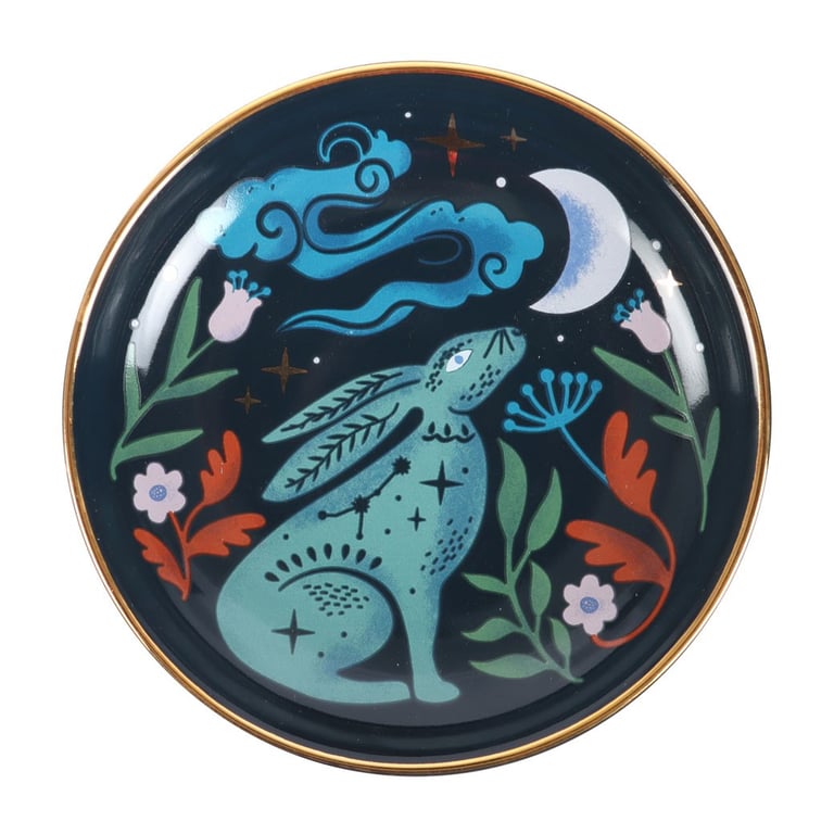 Mystical Midnight Hare Ceramic Trinket Dish with Moon Gazing Hare Design and Golden Details for Treasured Storage