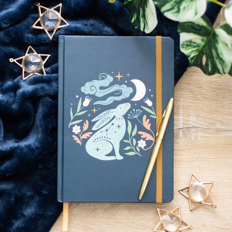 Midnight Hare A5 Notebook - Gold Foil Lined Pages & Ribbon Marker