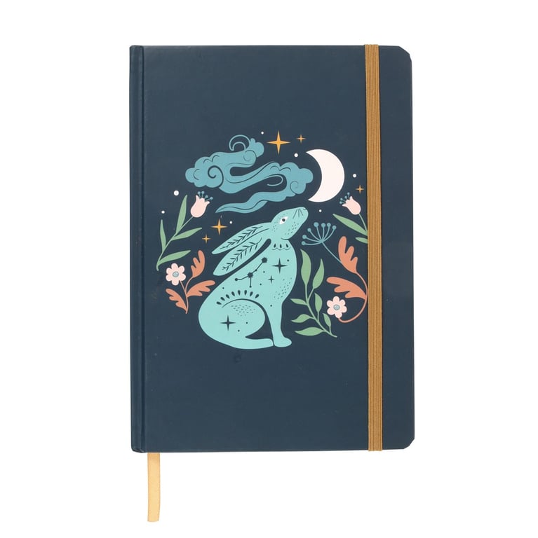 Midnight Hare A5 Notebook - Gold Foil Lined Pages & Ribbon Marker