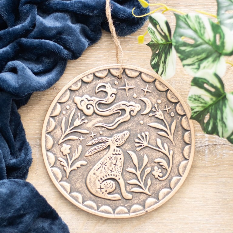 Bronze Midnight Hare Terracotta Plaque - Regeneration Symbol Decor