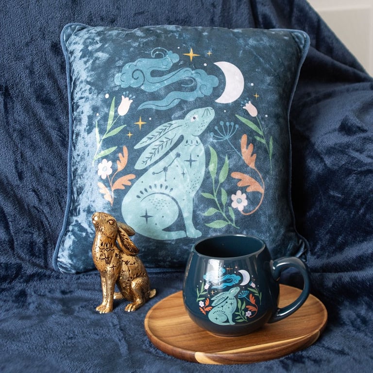 Midnight Hare Velvet Cushion - Elegant Steel Blue Home Decor Featuring Moon Gazing Hare Illustration