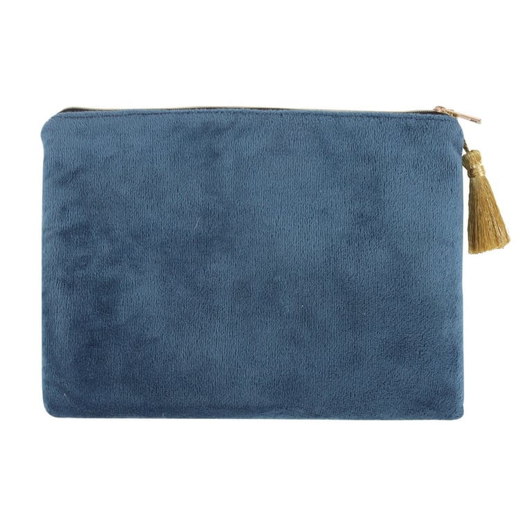 Luxury Steel Blue Velvet Makeup Bag with Elegant Hare Illustration