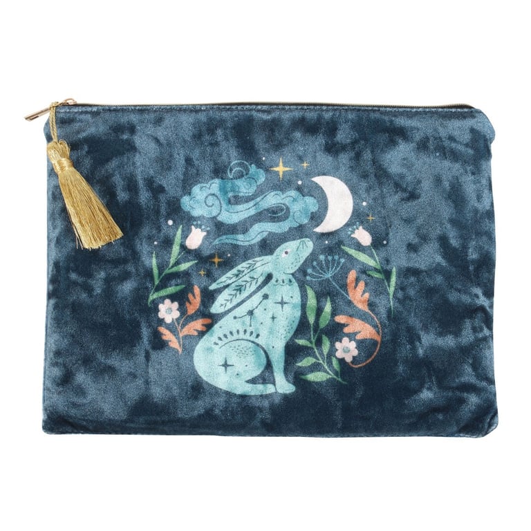 Luxury Steel Blue Velvet Makeup Bag with Elegant Hare Illustration