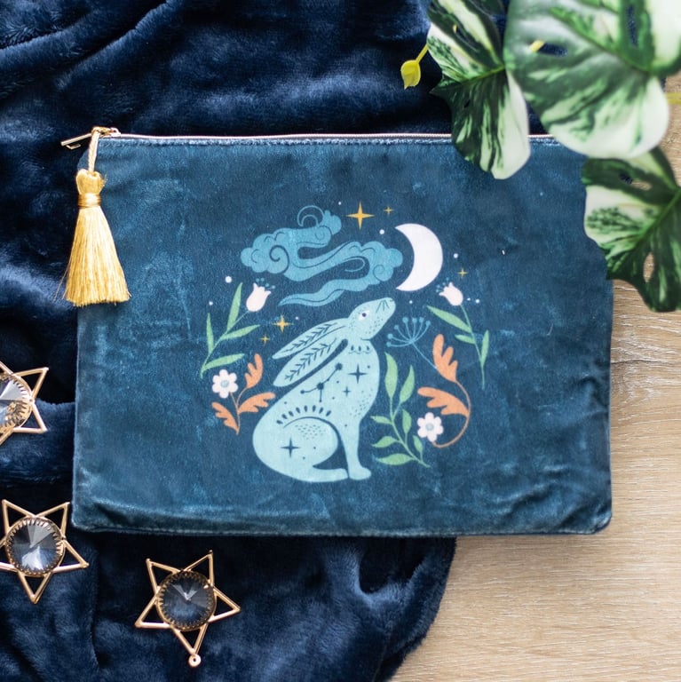 Luxury Steel Blue Velvet Makeup Bag with Elegant Hare Illustration