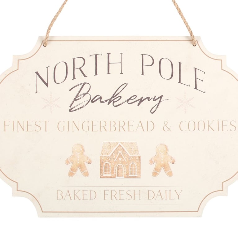North Pole Bakery Hanging Sign - Charming Gingerbread Cookie Designs & Freshly Baked Daily