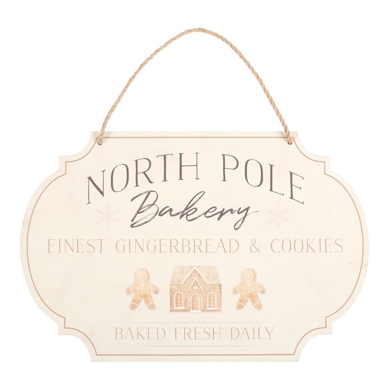 North Pole Bakery Hanging Sign - Charming Gingerbread Cookie Designs & Freshly Baked Daily