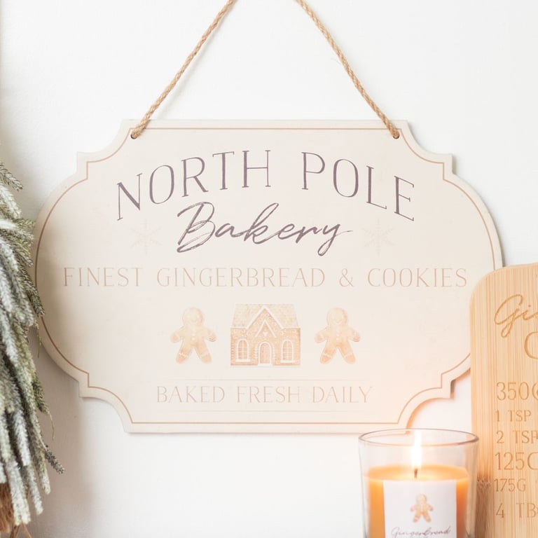 North Pole Bakery Hanging Sign - Charming Gingerbread Cookie Designs & Freshly Baked Daily