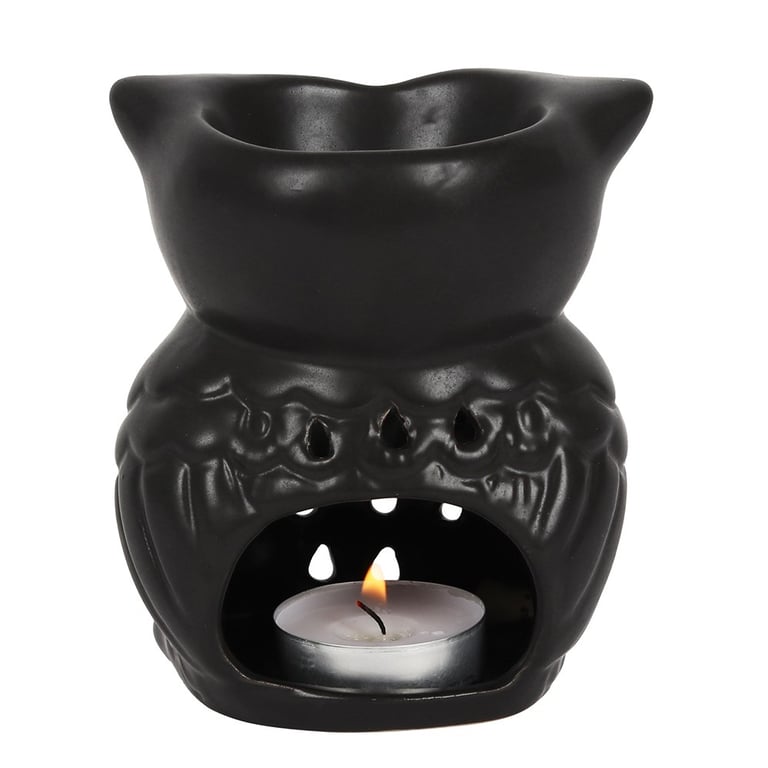 Black Owl Oil Burner - Cozy Candle Holder and Wax Melt Warmer with Cut Out Design