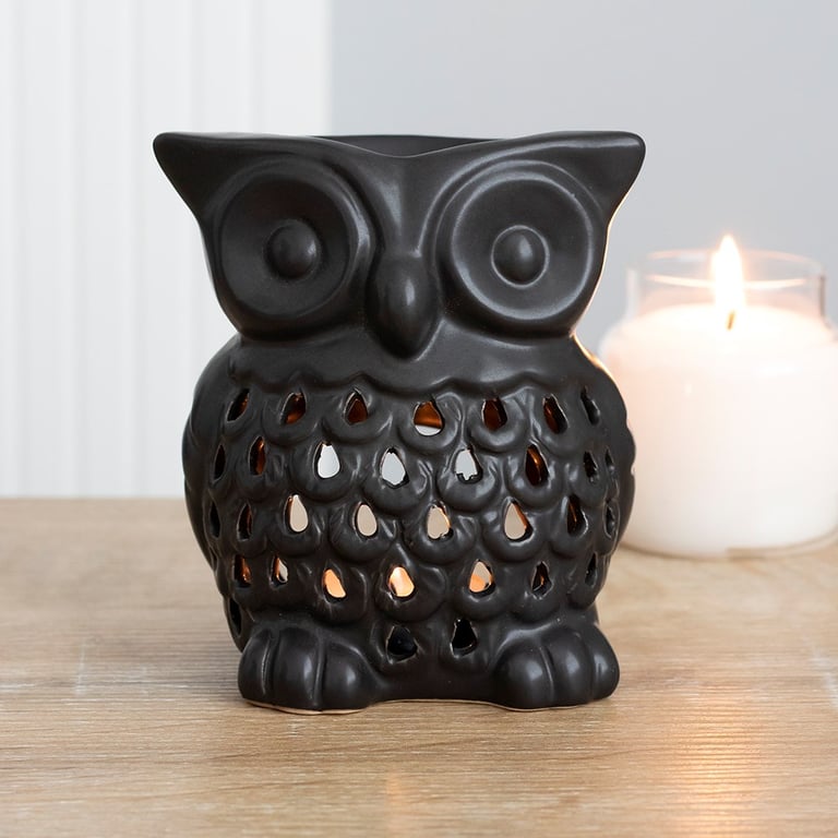 Black Owl Oil Burner - Cozy Candle Holder and Wax Melt Warmer with Cut Out Design