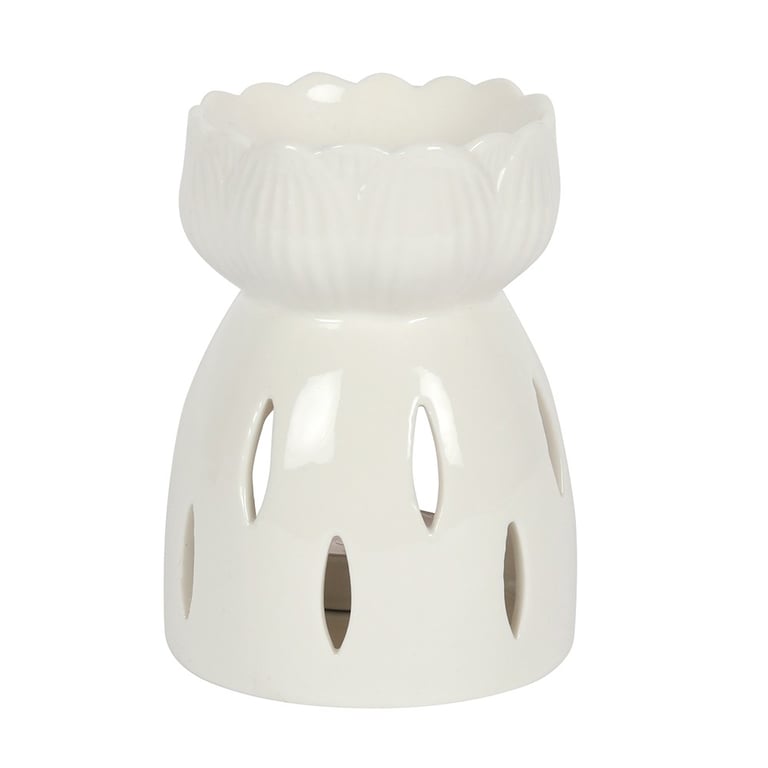 White Gloss Lotus Oil Burner - Decorative Home Candle Holder & Wax Melt Warmer