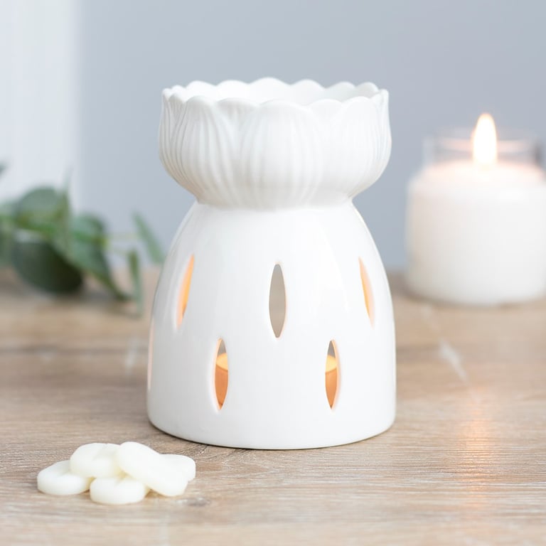 White Gloss Lotus Oil Burner - Decorative Home Candle Holder & Wax Melt Warmer