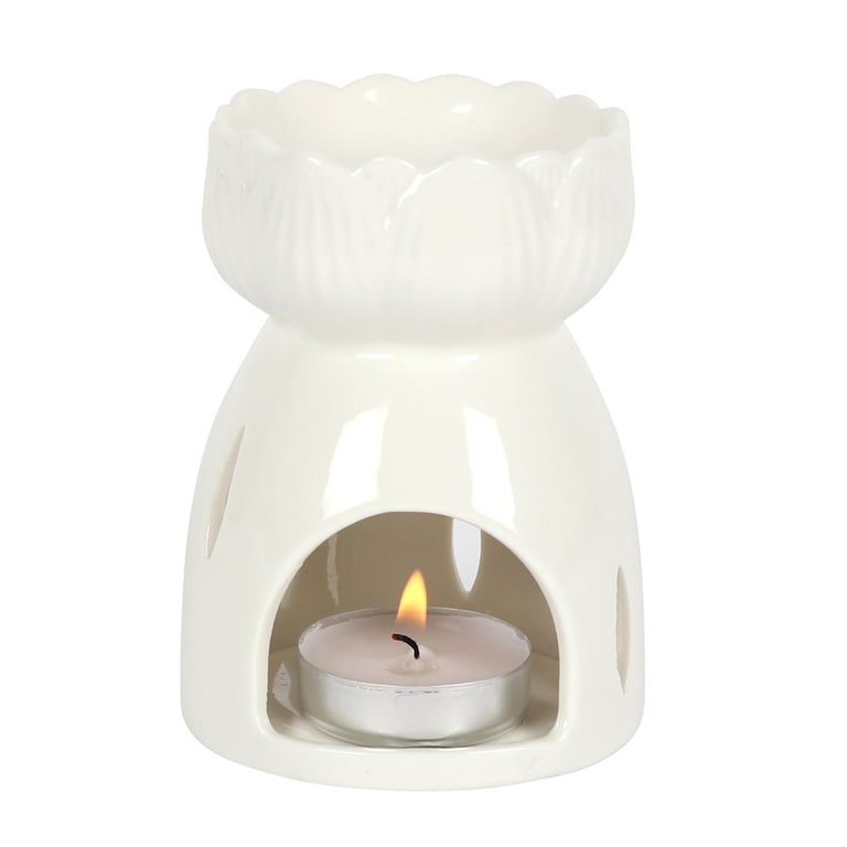 White Gloss Lotus Oil Burner - Decorative Home Candle Holder & Wax Melt Warmer