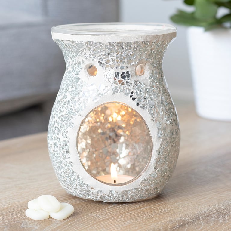 Silver Mirrored Crackle Oil Burner & Wax Melt Warmer Large Home Decor Diffuser