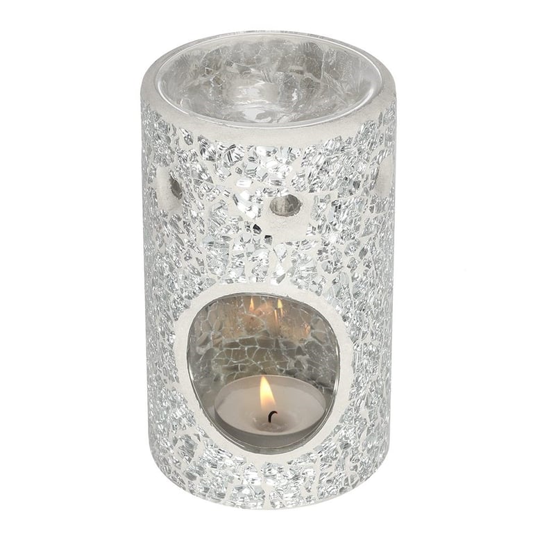Silver Pillar Crackle Glass Oil Burner & Wax Warmer - Home Fragrance and Decor Item