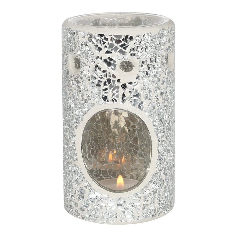 Silver Pillar Crackle Glass Oil Burner & Wax Warmer - Home Fragrance and Decor Item