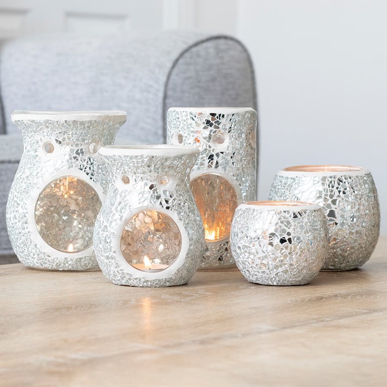 Silver Pillar Crackle Glass Oil Burner & Wax Warmer - Home Fragrance and Decor Item