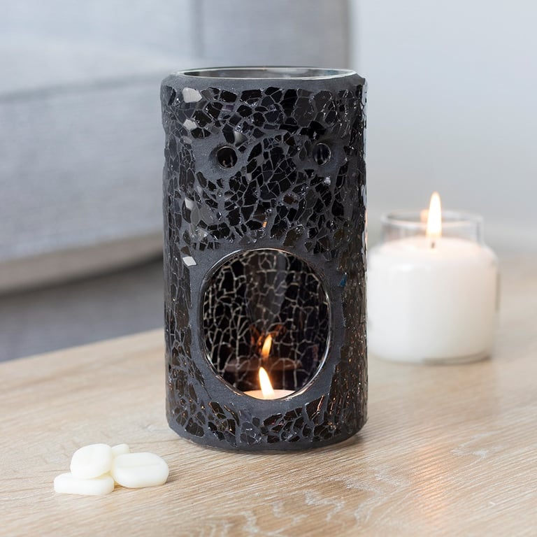 Black Crackle Glass Pillar Oil Burner & Wax Melt Warmer - Home Decor Essential