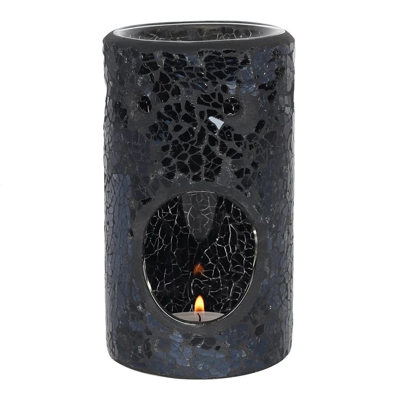 Black Crackle Glass Pillar Oil Burner & Wax Melt Warmer - Home Decor Essential