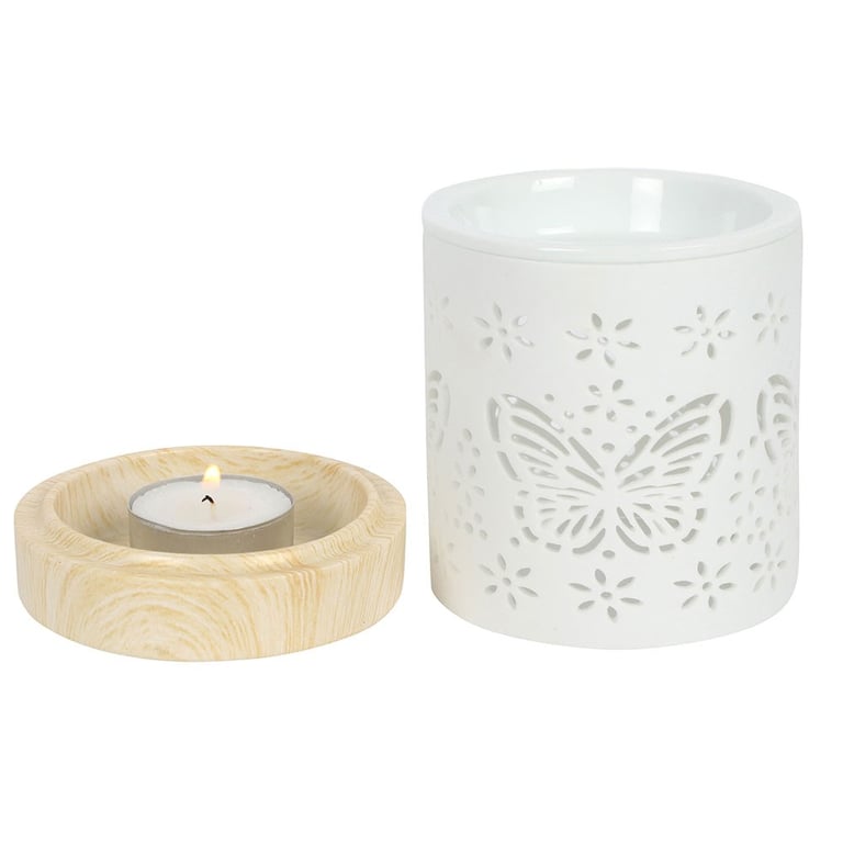 Matte Ceramic Butterfly Oil Burner - White Home Fragrance Decor with Tealight Holder and Patterned Design
