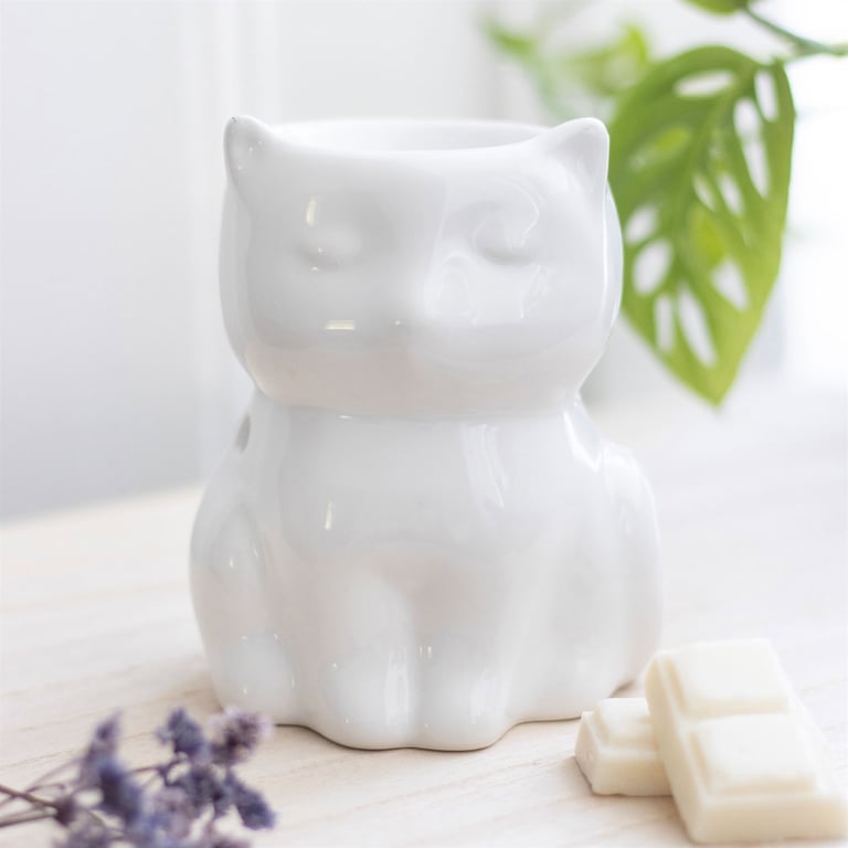 Shiny White Cat Oil Burner - Home Fragrance Diffuser & Decorative Cat Statue Gift
