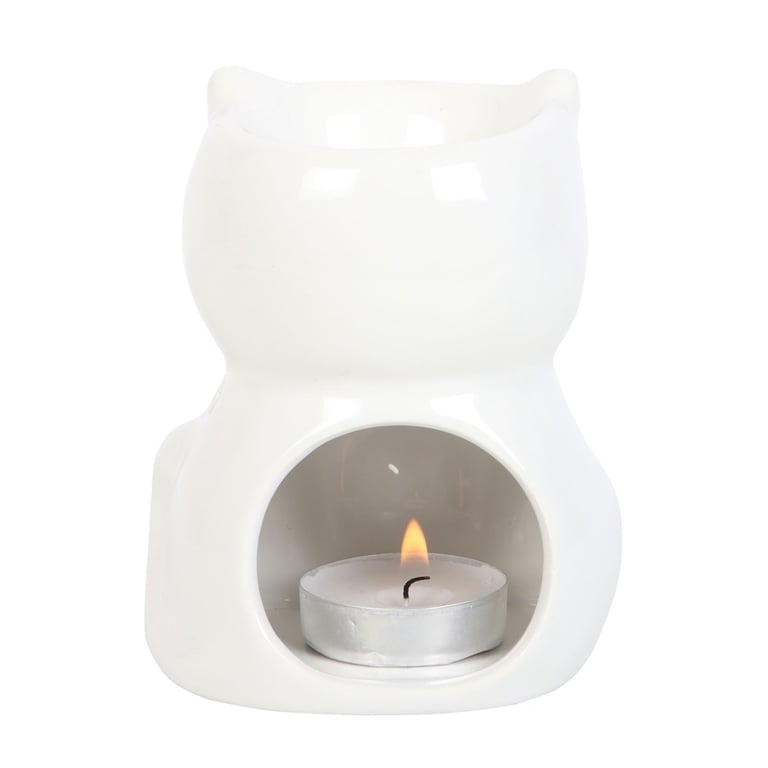 Shiny White Cat Oil Burner - Home Fragrance Diffuser & Decorative Cat Statue Gift