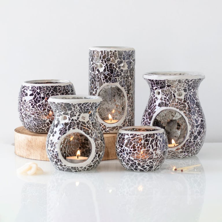 Small Gunmetal Grey Oil Burner & Wax Warmer - Crackle Effect Home Decor Gift