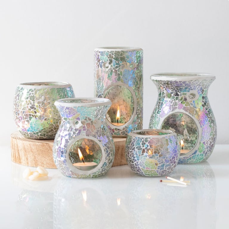 Large Light Blue Iridescent Crackle Oil Burner and Wax Warmer - Elegant Home Decor Glass Oil Lamp