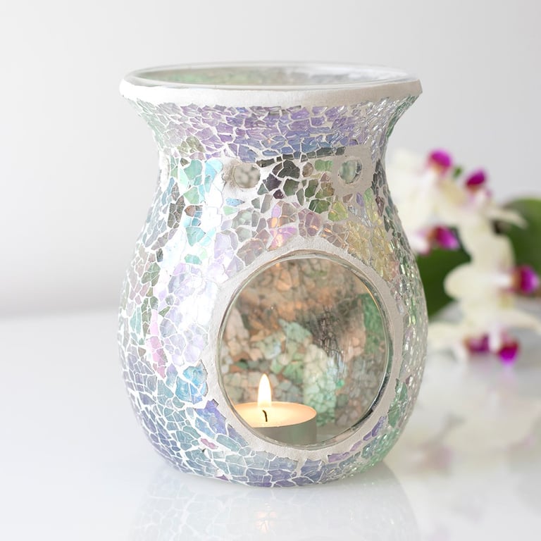 Large Light Blue Iridescent Crackle Oil Burner and Wax Warmer - Elegant Home Decor Glass Oil Lamp