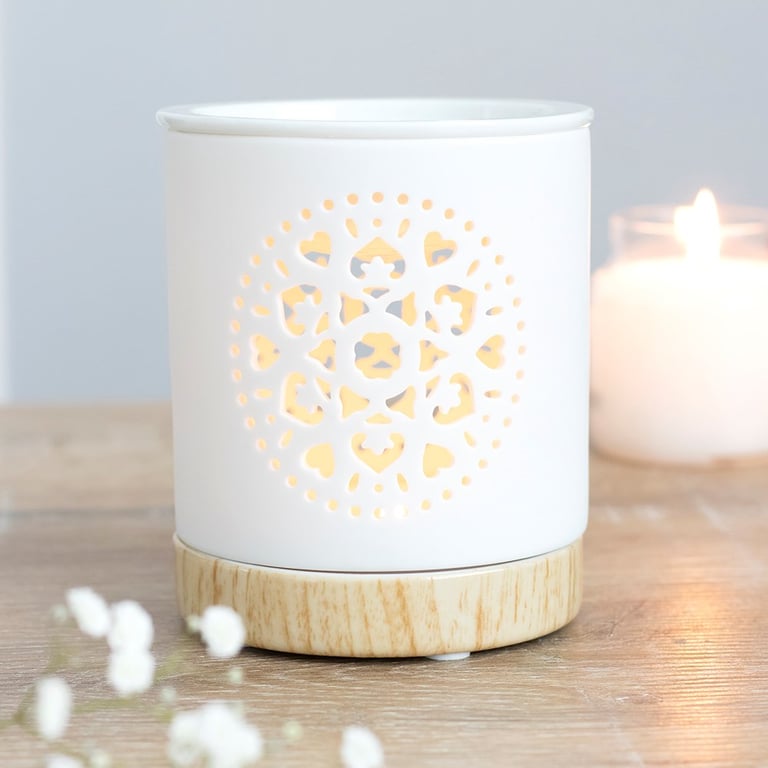 White Ceramic Mandala Oil Burner with Wood-Effect Base - Calming Home Fragrance Diffuser