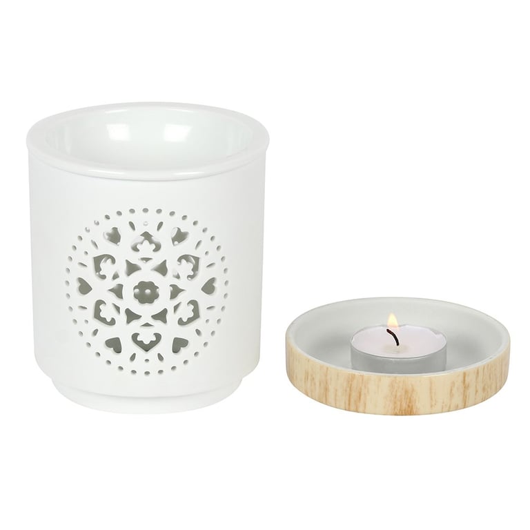 White Ceramic Mandala Oil Burner with Wood-Effect Base - Calming Home Fragrance Diffuser