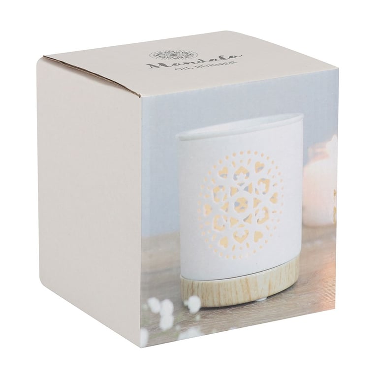 White Ceramic Mandala Oil Burner with Wood-Effect Base - Calming Home Fragrance Diffuser