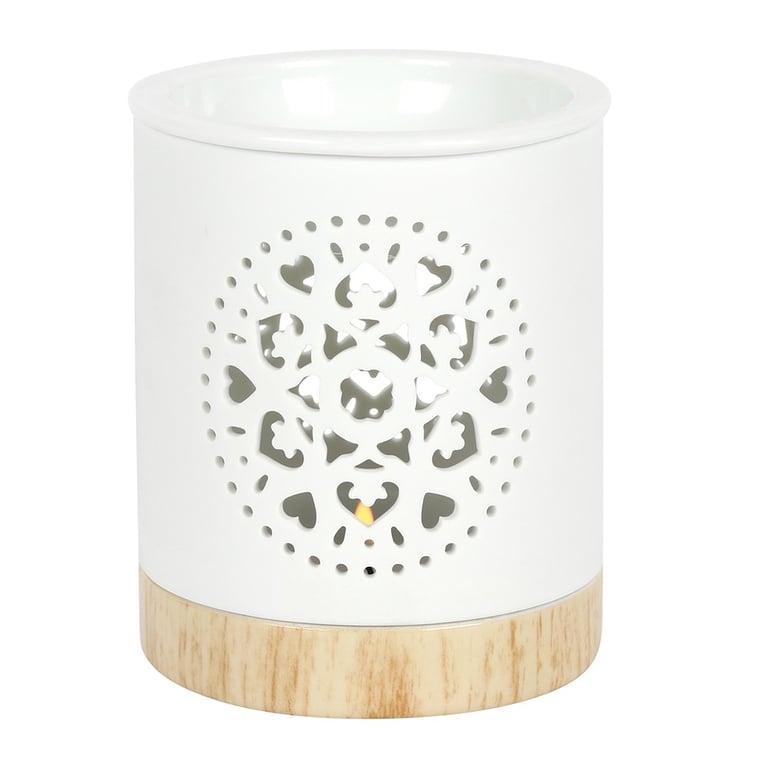White Ceramic Mandala Oil Burner with Wood-Effect Base - Calming Home Fragrance Diffuser