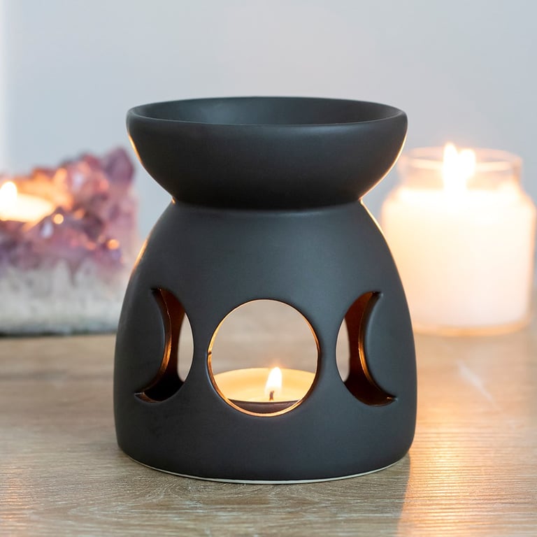 Black Triple Moon Cut Out Oil Burner - Ceramic with Matt Finish, Perfect for Halloween Decor