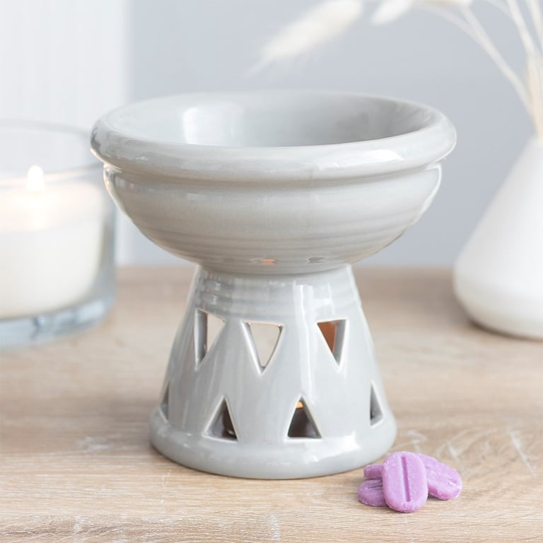 Grey Deep Bowl Ceramic Oil Burner and Wax Warmer with Triangle Cut Out Design for Home Fragrance