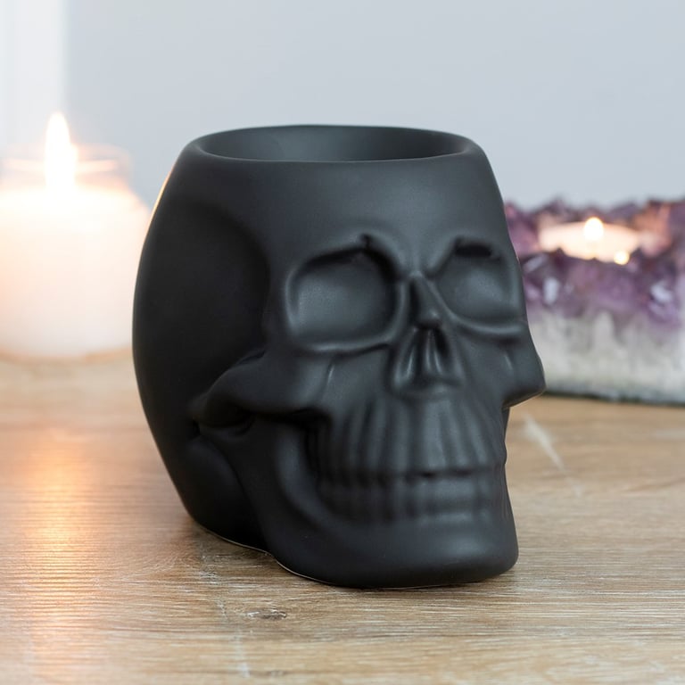 Black Skull Oil Burner - Ceramic Deep Bowl Home Fragrance Burner for Halloween Decor