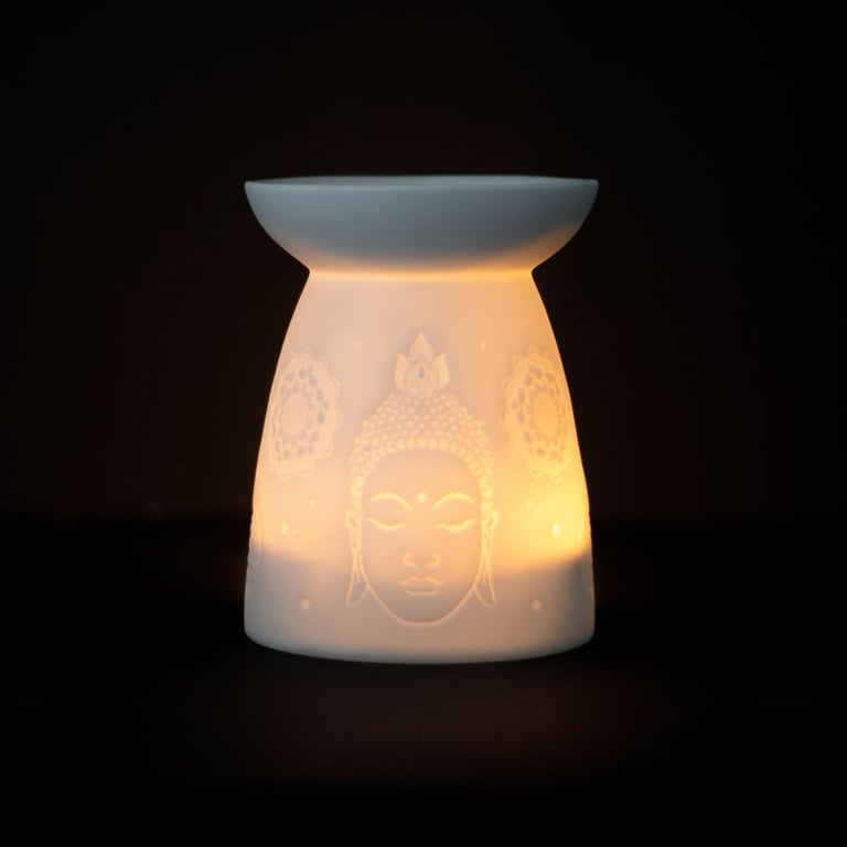 White Ceramic Buddha Face Oil Burner and Wax Warmer - Elegant Home Fragrance warmer for Essential Oils and Wax Melts