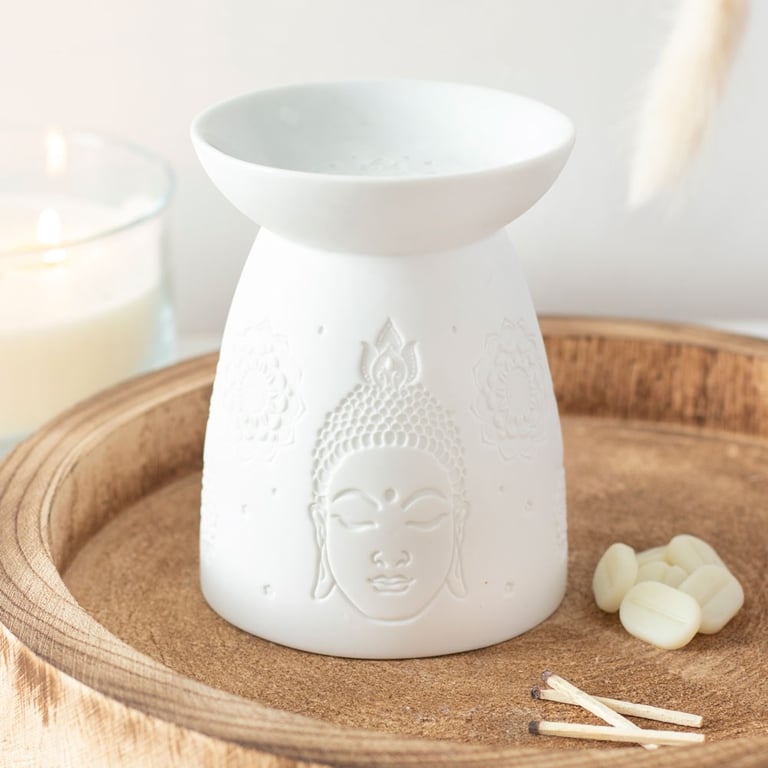 White Ceramic Buddha Face Oil Burner and Wax Warmer - Elegant Home Fragrance warmer for Essential Oils and Wax Melts