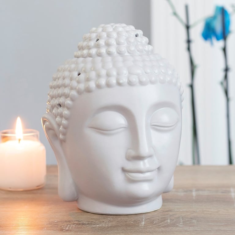 Grey Buddha Head Oil Burner & Wax Warmer - Fragrance & Melts Compatible Home Decor Statue