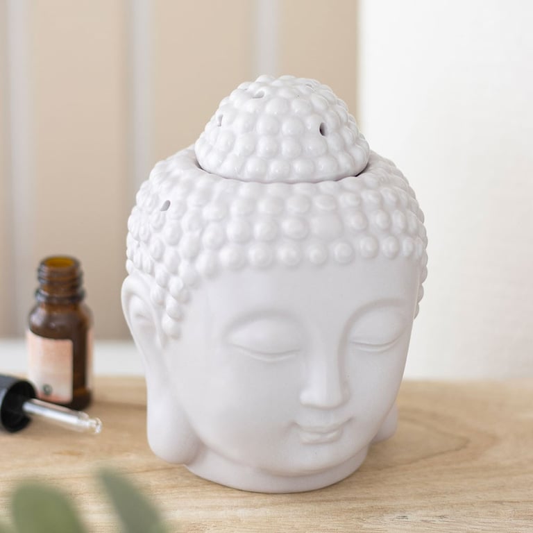 Small Grey Ceramic Buddha Head Oil Burner - Calming Home Fragrance